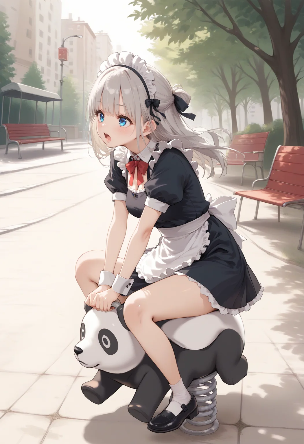 score_9, score_8_up, score_7_up, source_anime,
1girl,solo,medium breasts, maid, maid headdress,
spring rider,panda,sitting, shoes, riding, outdoors, holding, park,<lora:springrider_Pony_v1:0.8>
from behind, cinematic angle, looking up, gray hair, blue eyes,furled brow, open mouth, half updo hair,,