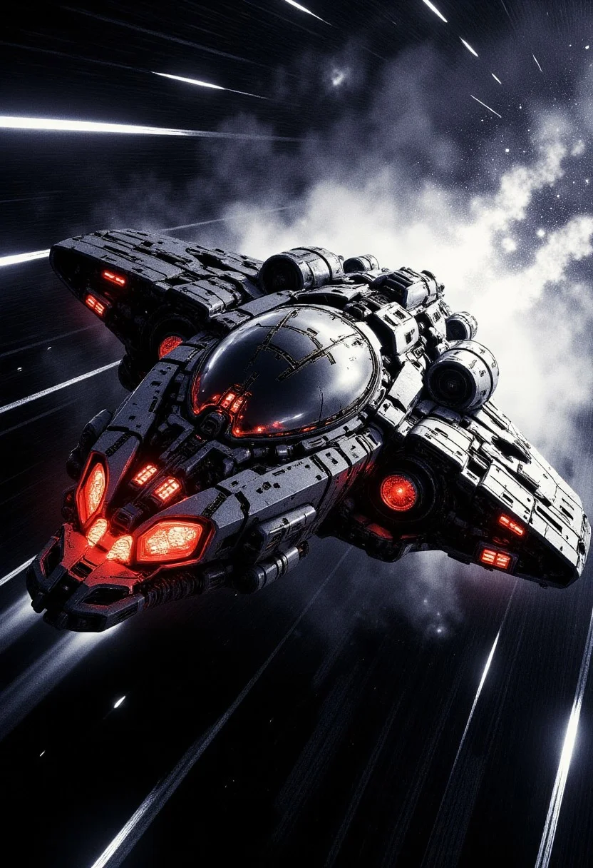 in the style of cksx, ckspaceship, silhouette art, chiascuro, a futuristic, armored futuristic spaceship, adorned with intricate, metallic details, with glowing red diodes and LEDs, illuminated cockpit, flying rapidly through a dark, space background with motion blur, viewed diagonally from the front, directional lighting, silhouetted, light hitting one side, inkwash image