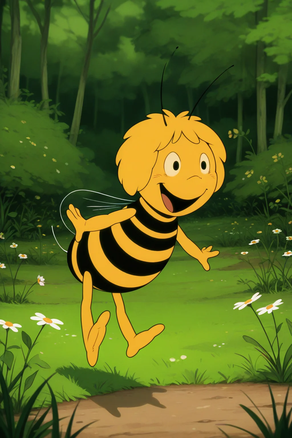 masterpiece, best quality, amazing quality, absurdres, solo, mayathebee, anthropoid girl, furry female, antennas, striped, bee girl, wings, smile, open mouth, flying, outdoors, grass, nature, flowers