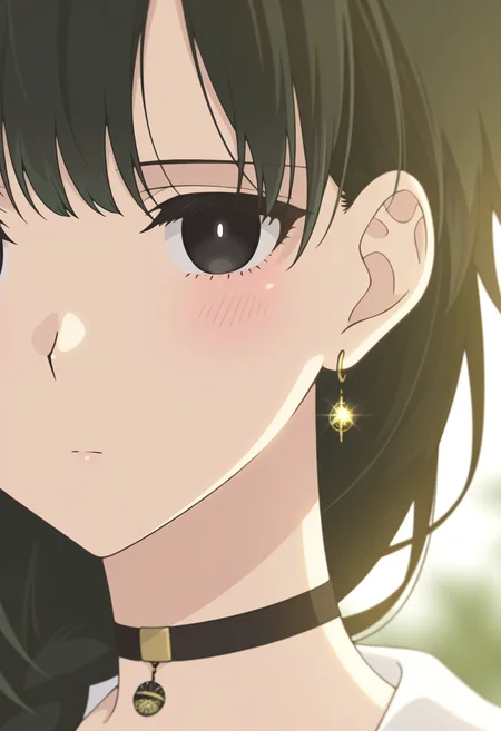 <lora:Yuki_illustrious-000028:1>,
1girl,earrings,
YAMS_YK,green hair,black eyes,black hair,
solo,single braid,black choker,portrait,looking at viewer,closed mouth,close-up,blush,blurry background,expressionless