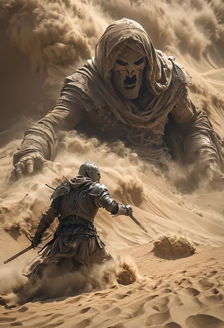 very dark focused flash photo, amazing quality, masterpiece, best quality, hyper detailed, ultra detailed, UHD, perfect anatomy, portrait, dof, hyper-realism, majestic, awesome, inspiring,Capture the thrilling showdown between the ancient mummy and the colossal sand boss in an epic battle amidst swirling dust and desert sands. Embrace the action and chaos as these formidable forces clash in the heart of the dunes. cinematic composition, soft shadows, national geographic style