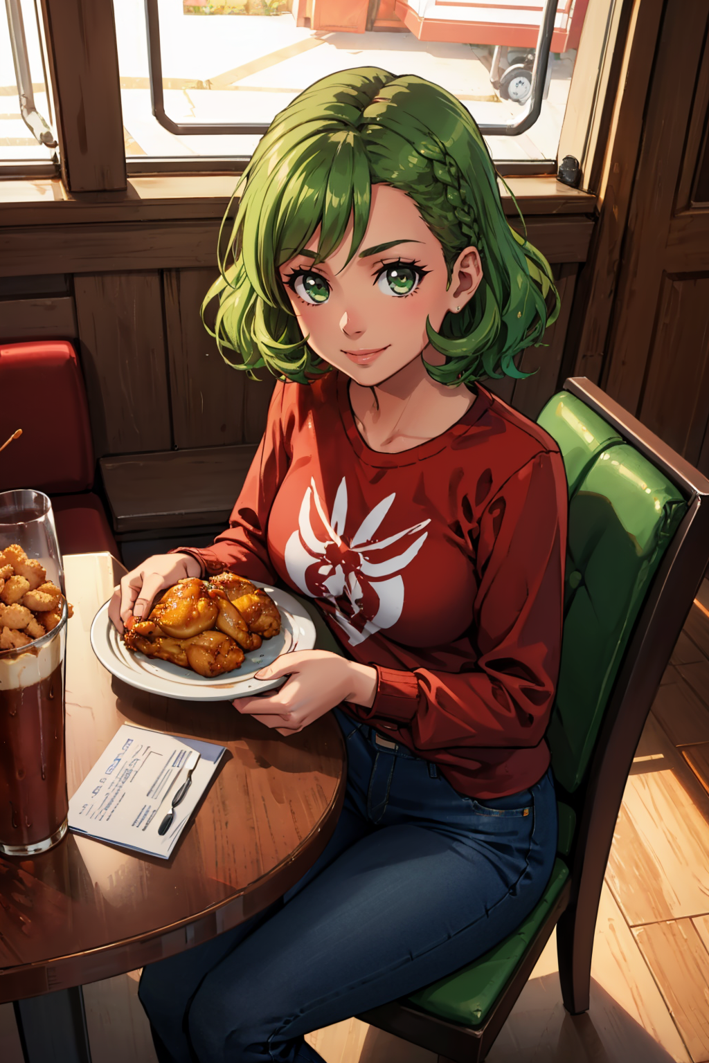 masterpiece, best quality, niwaryouka, white long-sleeved t-shirt, jeans, indoors, restaurant, sitting, table, plate of fried chicken, looking at viewer, smile, from above <lora:niwa-nvwls-v2-000012:0.9>