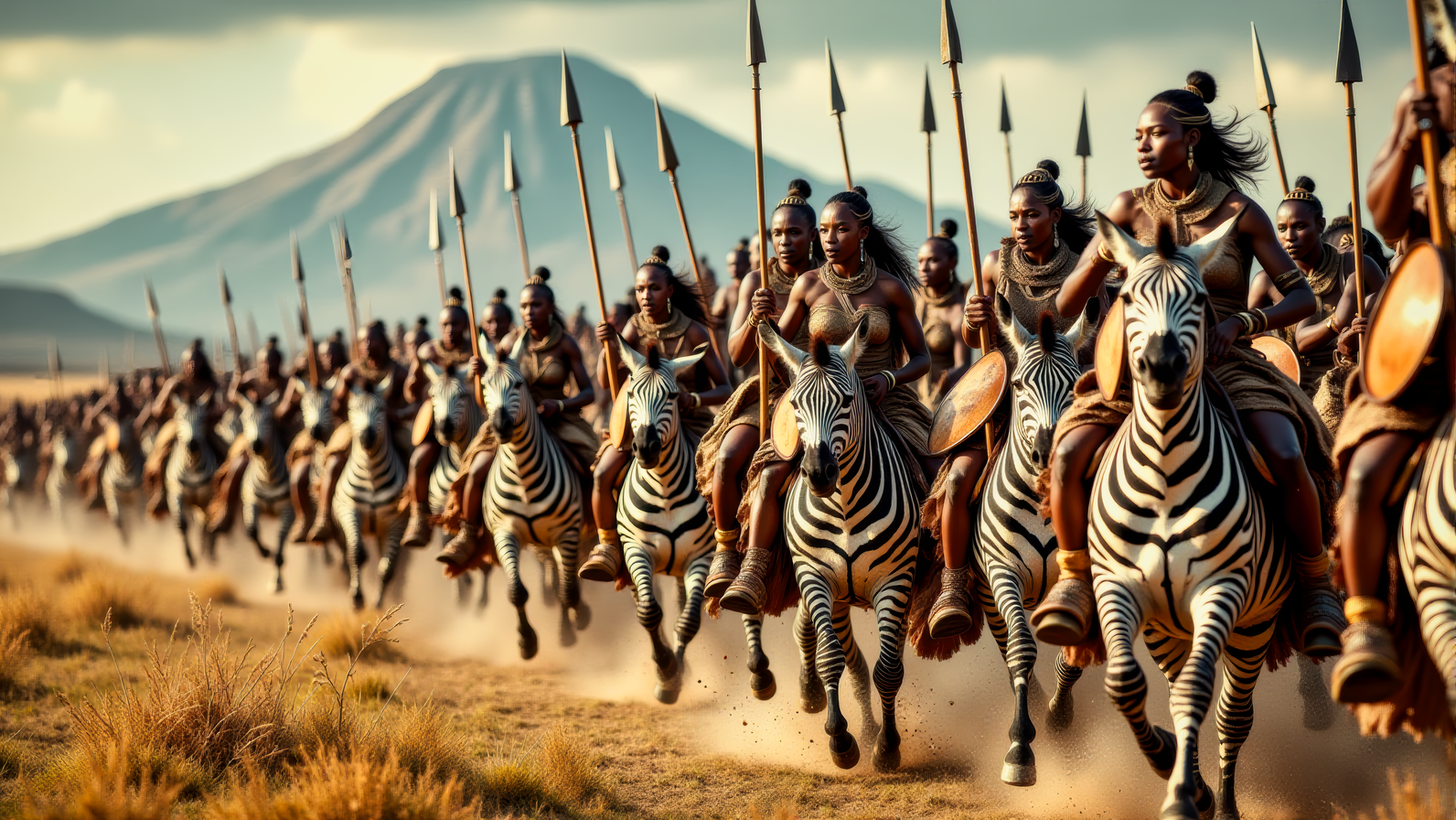 Real photograph of an army of African warrior women, black skin, Nubian, beautiful, breathtaking, athletic, (small breasts:1.4), earrings, necklace, wrist bands, human feet wearing sandals, dangerous, fierce, determined, battle hardened, mounted atop angry and ferocious zebras, cavalry charging into battle with lowered spears, shields and spears bearing war decorations, fierce angry painted faces full of rage, yelling fierce war cries, African Savannah with mount Kilimanjaro in the background, intricate details, masterpiece, elegant, complex patterns, (full body shot from head to toe:1.6), environmental wide angle, dramatic and dynamic morning lighting, intense atmosphere <BaroqueColorful:0.72>