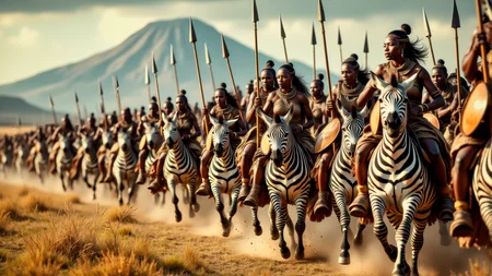 Real photograph of an army of African warrior women, black skin, Nubian, beautiful, breathtaking, athletic, (small breasts:1.4), earrings, necklace, wrist bands, human feet wearing sandals, dangerous, fierce, determined, battle hardened, mounted atop angry and ferocious zebras, cavalry charging into battle with lowered spears, shields and spears bearing war decorations, fierce angry painted faces full of rage, yelling fierce war cries, African Savannah with mount Kilimanjaro in the background, intricate details, masterpiece, elegant, complex patterns, (full body shot from head to toe:1.6), environmental wide angle, dramatic and dynamic morning lighting, intense atmosphere <BaroqueColorful:0.72>