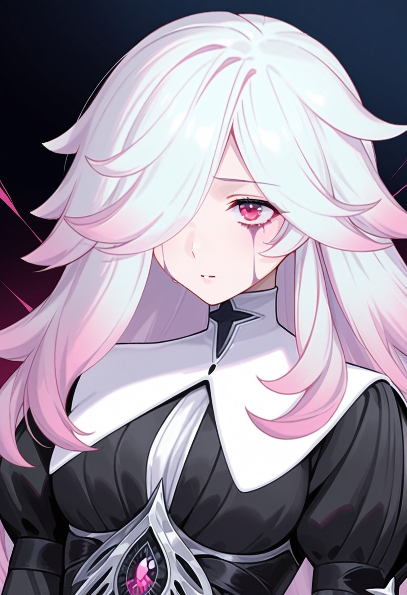 AMAZING QUALITY, MASTERPIECE, 1GIRL, CHIARA, WHITE HAIR, HAIR OVER EYE, PINK HIGHLIGHTS, RED EYES, DRESS, EYE STAINS, PORTRAIT