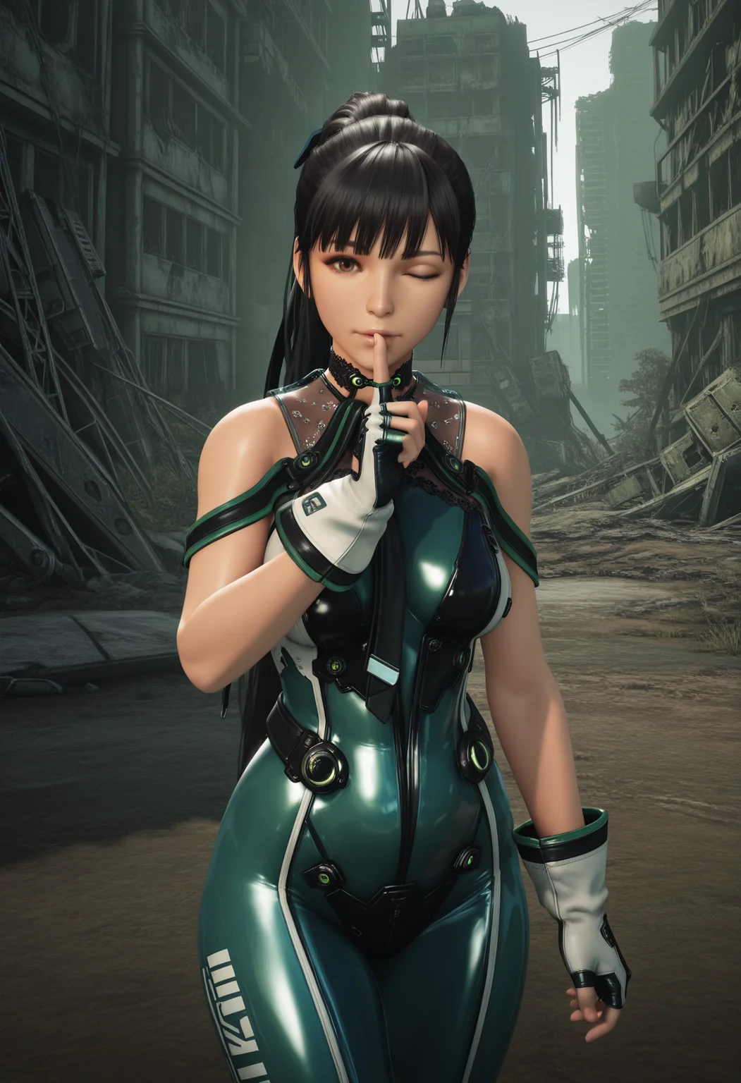 1girl,solo,mm,mature female,long hair,black hair,brown eyes,bangs,ponytail,realistic,3d,
bodysuit,science fiction,bare shoulders,gloves,fingerless gloves, index finger raised, shushing, looking at viewer, cowboy shot, post-apocalypse, one eye closed,
,masterpiece,best quality,amazing quality,<lora:Eve-Stellar_Blade:0.8>