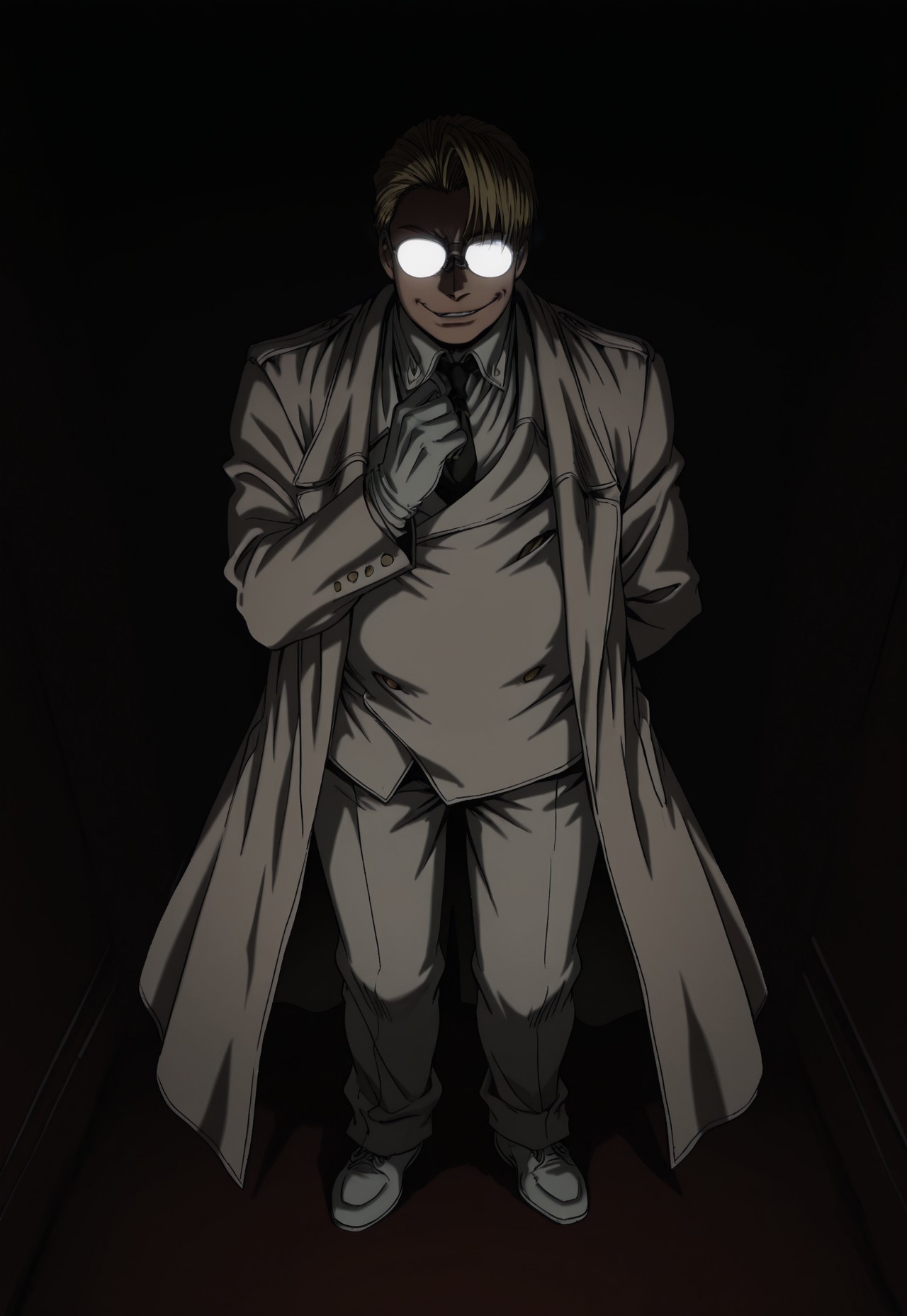 score_9, score_8_up, score_7_up, masterpiece, best quality, amazing quality, very aesthetic, absurdres, 1boy, solo, male focus, blonde hair, short hair, hair slicked back, glasses, round eyewear, fat, white overcoat, white jacket, white shirt, collared shirt, black necktie, white gloves, white pants, white shoes, standing, looking at viewer, opaque glasses, dark, black background, hand up, evil smirk, perspective,