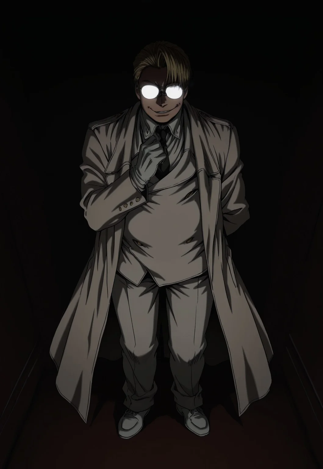 score_9, score_8_up, score_7_up, masterpiece, best quality, amazing quality, very aesthetic, absurdres, 1boy, solo, male focus, blonde hair, short hair, hair slicked back, glasses, round eyewear, fat, white overcoat, white jacket, white shirt, collared shirt, black necktie, white gloves, white pants, white shoes, standing, looking at viewer, opaque glasses, dark, black background, hand up, evil smirk, perspective,