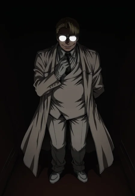 score_9, score_8_up, score_7_up, masterpiece, best quality, amazing quality, very aesthetic, absurdres, 1boy, solo, male focus, blonde hair, short hair, hair slicked back, glasses, round eyewear, fat, white overcoat, white jacket, white shirt, collared shirt, black necktie, white gloves, white pants, white shoes, standing, looking at viewer, opaque glasses, dark, black background, hand up, evil smirk, perspective,