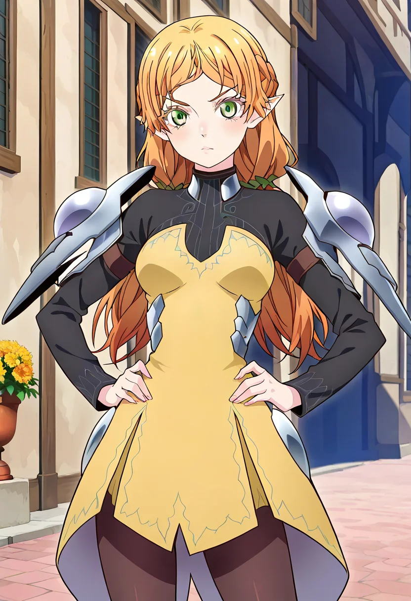 best quality, 1girl, tsuelf, long hair, braid, low twintails, pointy ears, turtleneck, yellow dress, long sleeves, pantyhose, armor, shoulder armor, hands on hips, <lora:tsuelf_s_il_1.1:1>