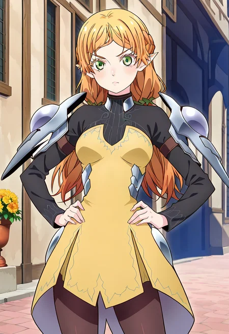 best quality, 1girl, tsuelf, long hair, braid, low twintails, pointy ears, turtleneck, yellow dress, long sleeves, pantyhose, armor, shoulder armor, hands on hips, <lora:tsuelf_s_il_1.1:1>