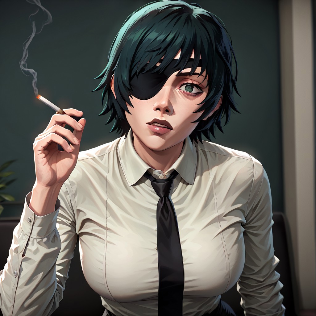 masterpiece, best quality, newest, absurdres, highres,  P3DV1.0, 1girl, himeno_(chainsaw_man), eyepatch, short hair, green hair, suti, necktie, 
cigarette, holding cigarette.