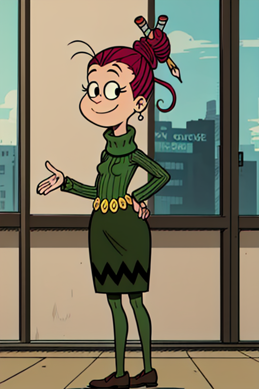 agnesj, 1girl,solo, turtleneck, pencil in hair, hair bun, single hair bun, green sweater, belt, green skirt, brown footwear, black eyes,looking at viewer ,smile,school,standing,hands behind back,    <lora:AgnesJohnson(3.0):0.6>