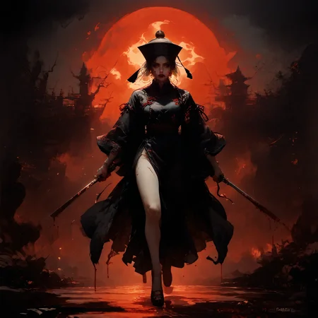 (score_9, score_8_up, score_7_up, masterpiece, , best quality, high quality, highres, cinematic shot, thick lineart, sharp edges, cel shading, linear hatching, neon lights, cyberpunk ctiy, panorama), BREAK full body, , 1women, vampire, jiangshi, blood on face, blood on clothes, Break chinese temple, Emphasize theatrical elements with extreme opposition of bright colors against dark, moody backgrounds, under a dark red sky, <lora:add-detail-xl:0.8> <lora:Perfect Hands:0.8> <lora:Concept Art Twilight Style SDXL_LoRA_Pony Diffusion V6 XL:0.8> <lora:Expressive_H:0.8> <lora:sinfully_stylish_SDKL:0.8> <lora:zavy-cntrst-sdxl:0.6> <lora:d4rk01lXLP:0.8>