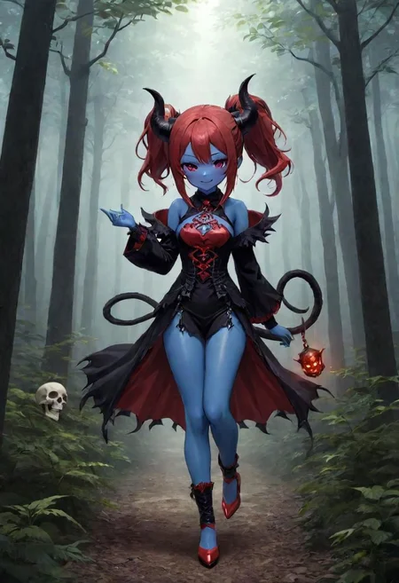 highres,best quality,ponytail, full body,short height,happy,(purple eyes),photograph,realistic lighting,cute face,1girl,red tips on hair,red skin, fantasy world,in the forest, warlock,demon horns,skull logo, DonMD3m0nXL,blue skin:1.4, yellow eyes, anime style,blue flame,flames around hands,fantasy adventure outfit,fighting stance,dragon tail:1.5,brown shorts