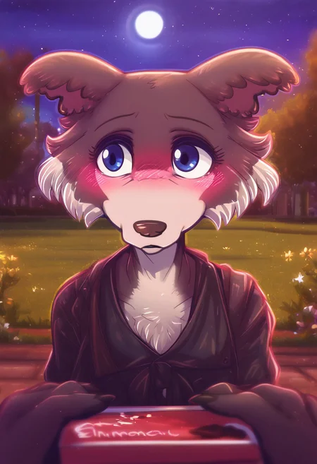 zPDXL, score_9,score_8_up,score_7_up,_up, best quality, amazing quality, masterpiece, 1girl, upper_body, chocolate box, chocolate box, looking away, night, full moon, sparkles, pov, solo, cute, blush, shy face,  juno, wolf girl, animal ears, animal nose, brown fur, blue eyes, black dress, outdoors, park, flowers, contour_deepening, depth of field, huge filesize, blurry background, good_hands, Expressiveh, dimwitdog