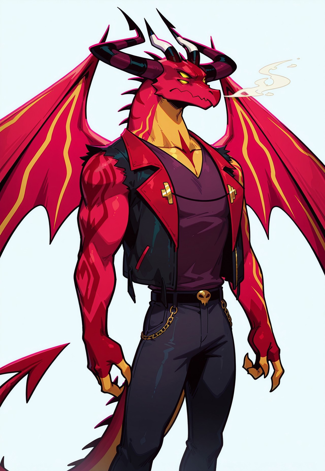 masterpiece,best quality,amazing quality,satanhelluvaboss, horns, dragon, demon, tattoo, (multiple eyes), (four eyes) , 1boy, wings, solo, white background, (4fingers), nice horns, jacket, pants, Standing 