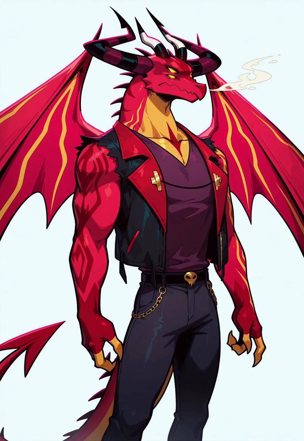 masterpiece,best quality,amazing quality,satanhelluvaboss, horns, dragon, demon, tattoo, (multiple eyes), (four eyes) , 1boy, wings, solo, white background, (4fingers), nice horns, jacket, pants, Standing