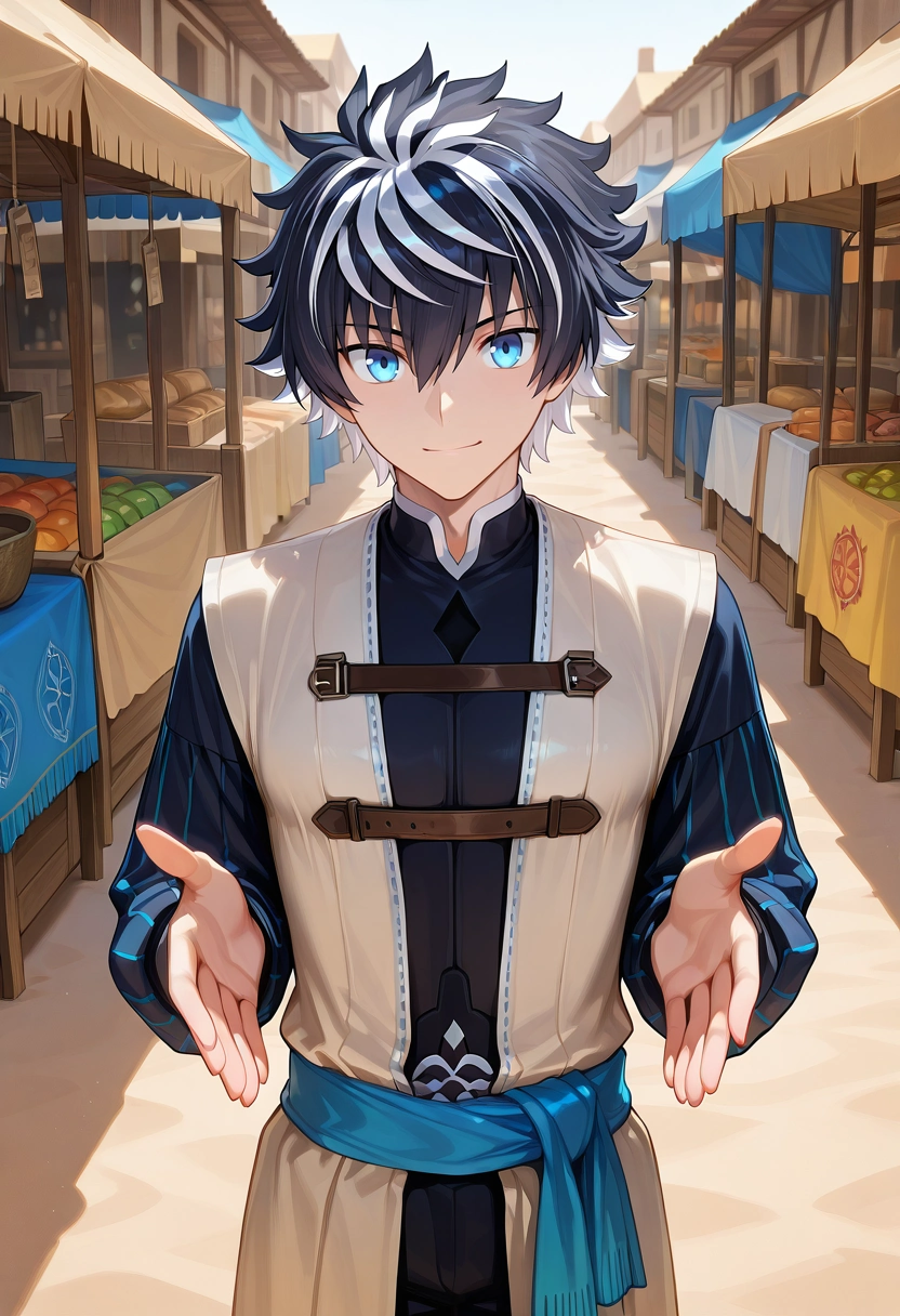 masterpiece, best quality, intricate details, , looking at viewer, 1boy, solo, male focus, <lora:charlemagne_fate_ilxl:1>, charlemagne_fate, black hair, blue eyes, multicolored hair, white hair, two-tone hair, short hair, hair between eyes, bangs, streaked hair, , desert bazaar, sand streets, market stalls, cloth awnings, bargaining pose, animated expression, harsh sunlight,