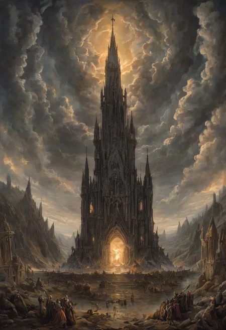 rural country, apocalyptic fantasy, silver flame, glowing cathedral, divine light, burning skyes, mmo, digital art, 4 k, art by gustave dore, hiremius bosch