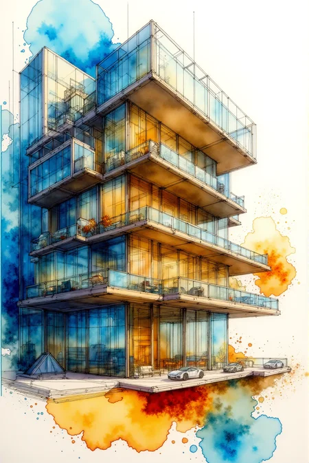 <lora:Watercolor_sketch_v.1:0.8> Watercolorsketch style. This stunning architectural illustration merges precision drafting with the fluid expressiveness of watercolor, depicting a futuristic glass-structured building bathed in warm golden light. The multi-level design features an intricate arrangement of angular, crystalline rooftops and expansive glass-paneled walls, giving the structure an airy, transparent quality. Sharp, meticulously drawn ink lines define the geometric framework, while the interplay of translucent blues and rich amber tones within the glass panels creates a striking visual contrast. The background and foreground dissolve into abstract watercolor washes of deep cobalt and burnt sienna, blending seamlessly into the architectural form. These organic splashes of color evoke movement, as if the building itself is emerging from an abstract, dreamlike space. The reflective surfaces of the glass capture the surrounding hues, amplifying the ethereal, almost surreal quality of the piece. The composition balances structure and spontaneity, with clean architectural precision juxtaposed against expressive watercolor blooms and ink splatters. The perspective draws the eye toward the depth of the building, emphasizing its layered balconies and expansive, open terraces. This fusion of technical rendering and artistic abstraction results in a dynamic and immersive portrayal of modern architecture, evoking a sense of innovation, fluidity, and organic elegance.