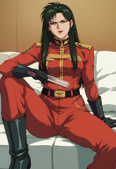 score_9, score_8_up, score_7_up, score_6_up, anime screencap, anime coloring, <lora:CimaGarahau_epoch_7:0.6>, CimaGarahau, long hair, green hair, lipstick, black eyes,
military uniform, black gloves, belt, red pants, black boots,
sitting, legs apart, hand fan, serious, looking at viewer,
indoors,