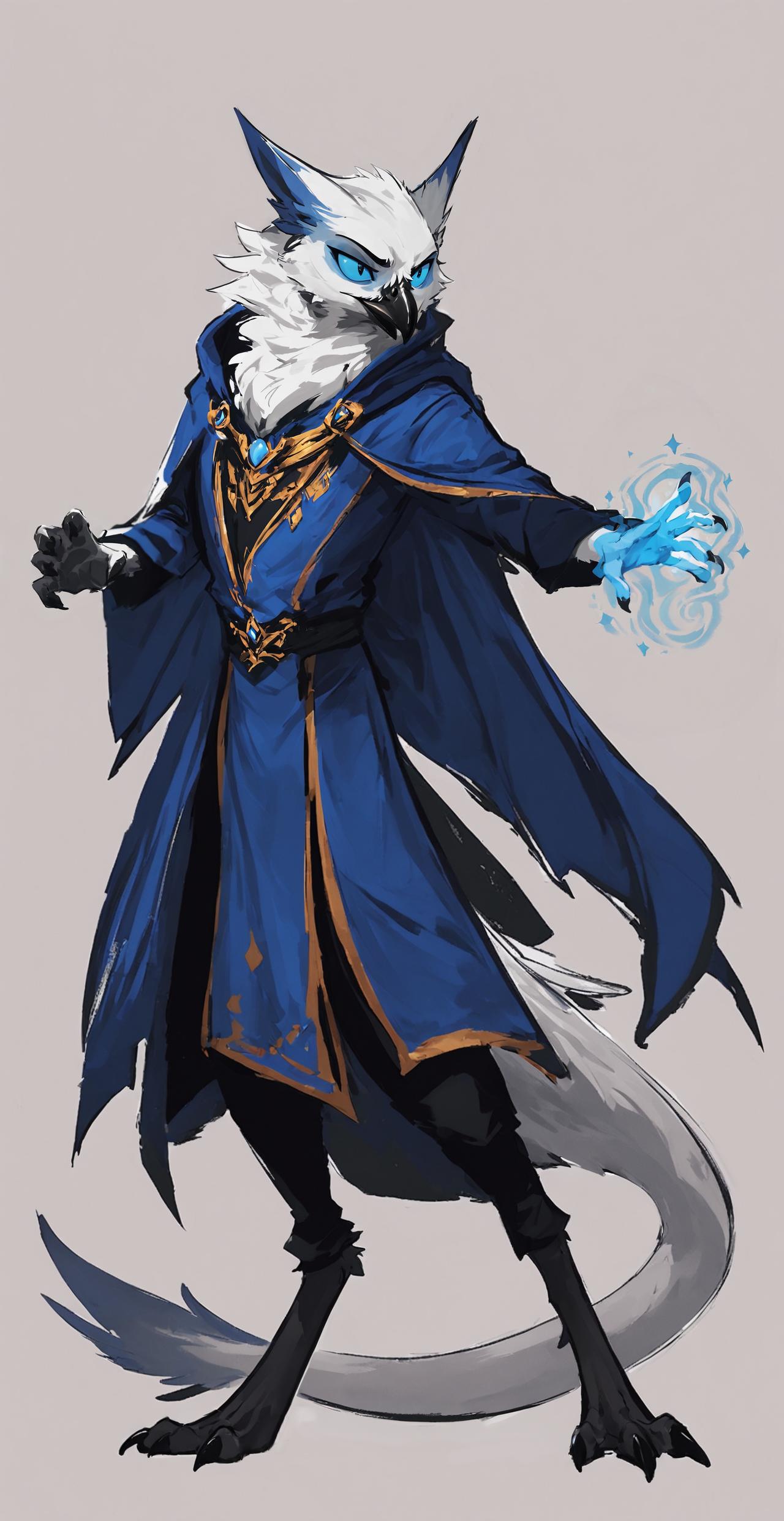 score_9, score_8_up, detailed, sketch, lineless, cel shading, fantasy, 
full-length portrait, 
slim anthro male avian shdw, action pose, magic from hands, magic user, blue mage robe, cape, (white body:1.3), blue sclera, neck tuft, thick tail, 
<lora:velari_v0.2.1_pdxl:0.7>