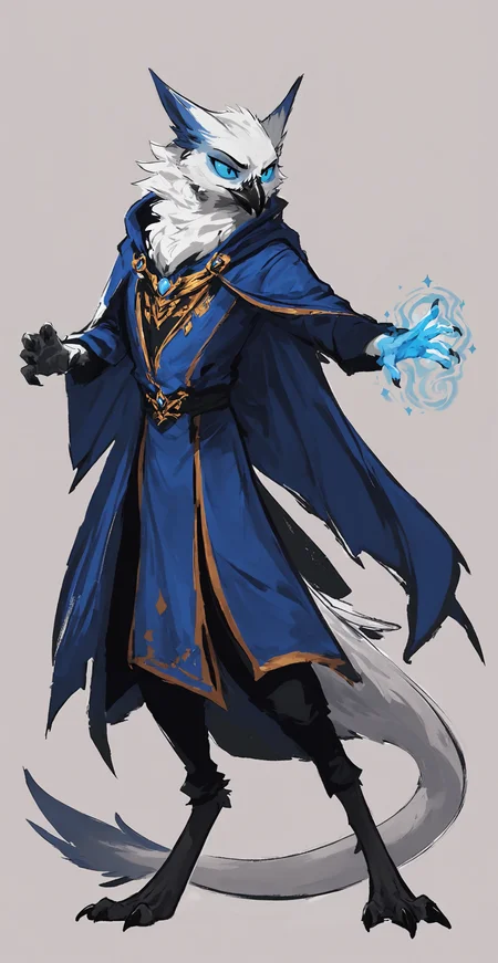 score_9, score_8_up, detailed, sketch, lineless, cel shading, fantasy,
full-length portrait,
slim anthro male avian shdw, action pose, magic from hands, magic user, blue mage robe, cape, (white body:1.3), blue sclera, neck tuft, thick tail,
<lora:velari_v0.2.1_pdxl:0.7>