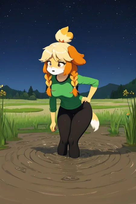 isabelle \(animal crossing\), (masterpiece, best quality:1.15), 1girl, solo, large breasts, high cheekbones, thick eyebrows, small mouth, looking to the side, leaning forward, adjusting clothes, tight leggings, green crop top shirt, starry nights, long hair, twin short braids, scared, partially submerged, struggling, farmland bog, quicksand, worried, sinking