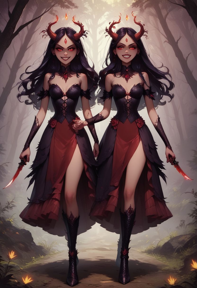 score_9, score_8_up, score_7_up,
Beautiful Ukrainian woman, twins, slit pupils, evil expression, maniacal expression, evil grin, wearing detailed and intricate goth outfit, walking in an evil forest, moonlight and fire lighting, holding butcher knife