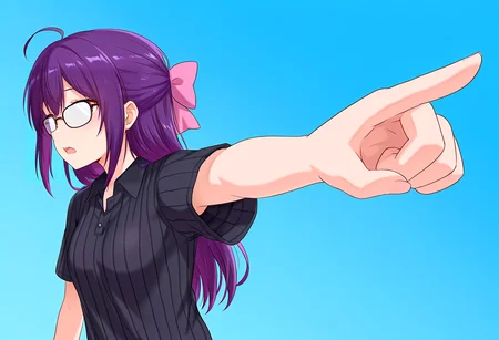 masterpiece, best quality, absurdres, yourturn, 1girl, solo, upper body, open mouth, looking away, purple hair, ahoge, short sleeves, hair bow, glasses, collared shirt, sweater, black shirt, blue background, pointing, striped shirt, opaque glasses, <lora:Next_its_your_turn_meme:1>