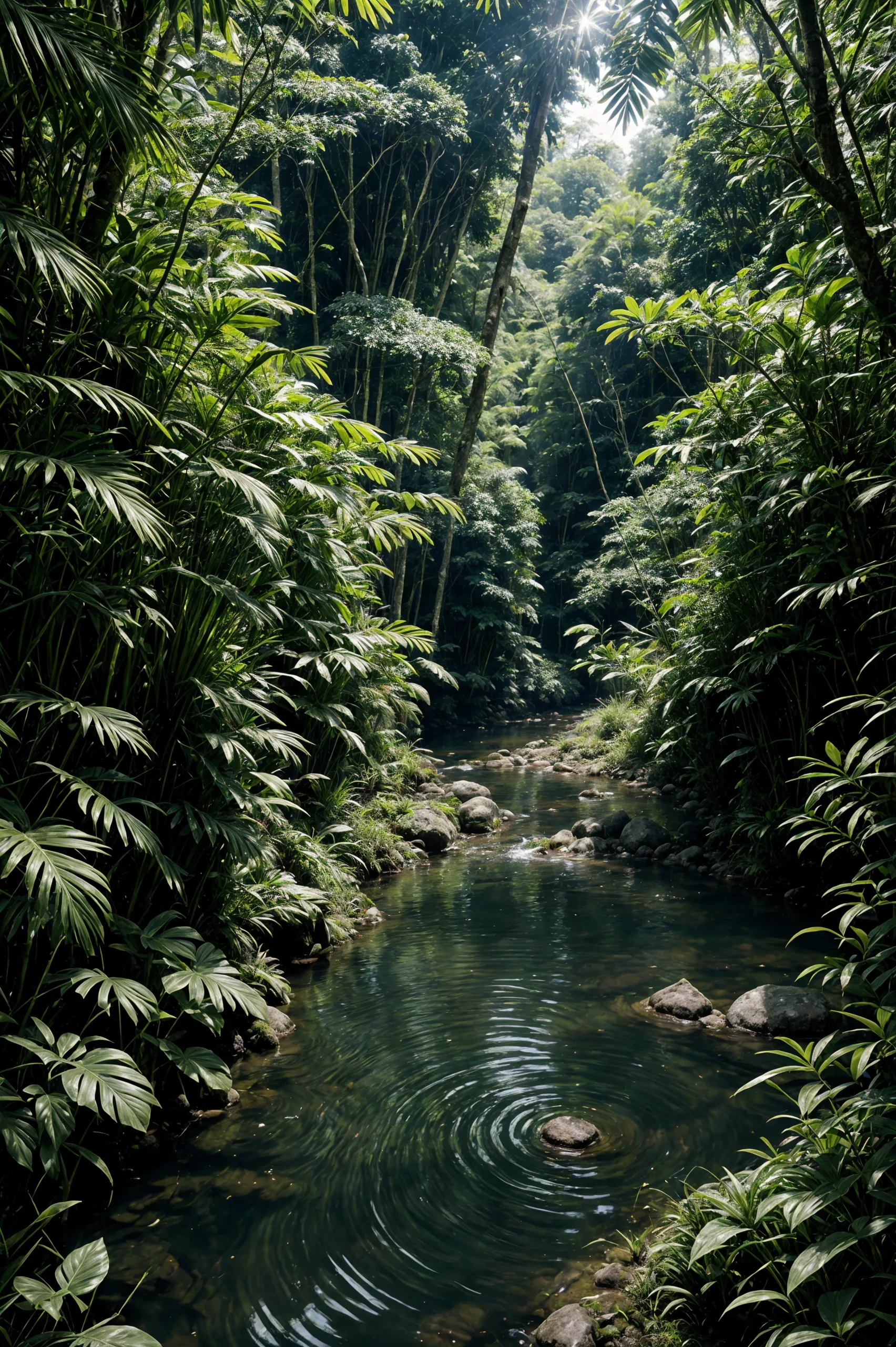 photo , photography, Fujifilm XT3 Viltrox, ((very detailed)), sharp focus,  best quality, (bright sunny sky), beautiful landscape, rainforest, jungle, stream, water ripples reflections, (small river pond), hut, stunning nature environment, high contrast, cinematic (lights), backlight, shadows, (lens flare:0.8), vibrant colors, colorful, Lime Green flowers and leaves, <lora:Detail Tweaker LoRA add_detail:1><lora:depth_of_field_slider_v1:5>  <lora:SDXLrender_v2.0:0.9>
