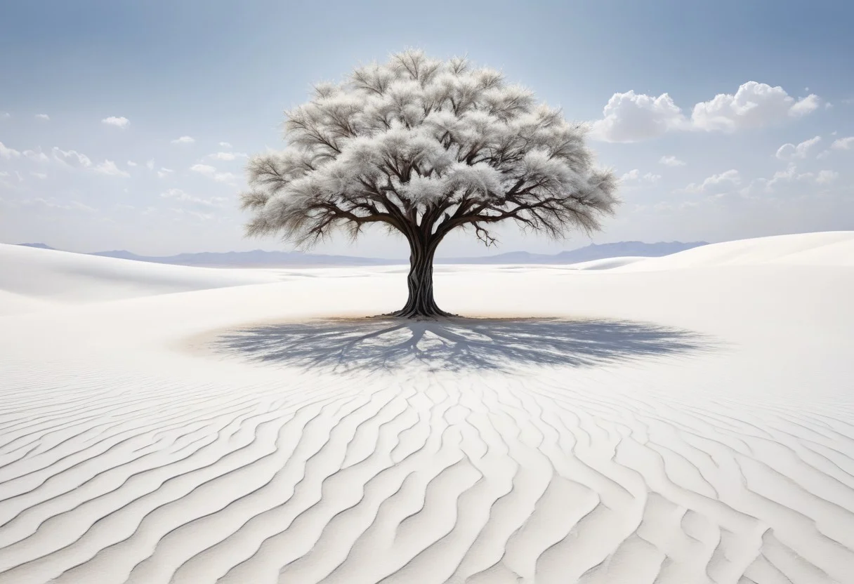 a serene and captivating digital painting of a solitary tree standing in the midst of a vast and tranquil white desert landscape, inspired by the desert photography of John Stephens, with a focus on the rippled white landscape and the peaceful environment, 
[(inspired by Pejac:1.30), (inspired by Banksy:1.30) ::0.40], (Inspired by Pejac and Banksy), [street art: social commentary: 0.70], [urban interventions: hidden messages: 0.60], artwork inspired by the street art, social commentary, urban interventions, and hidden messages of Pejac and Banksy