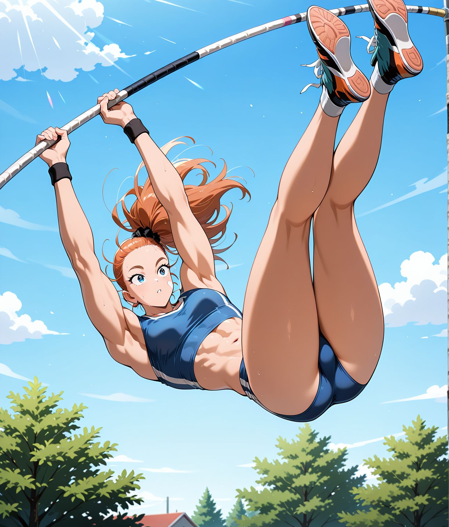 <lora:add-detail-xl:0.5>,,masterpiece,best quality,anime coloring,anime screenshot,
<lora:female_athlete:1>female_athleteV1,
1girl,pole vault,vaulting action,legs up in air,dynamic perspective,gripping pole,
sports crop top,track briefs,midriff,
<lora:CaptainMizuki(Manga)_ILXL_v1:0.8> captain mizuki,  bandaid on face, muscular female, toned, long hair, ponytail, forehead, hair scrunchie, 
blue  sports bra, blue track briefs,   midriff, navel, linea alba, buruma,