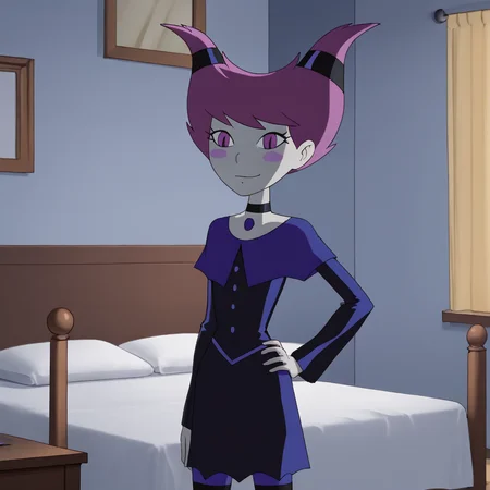<lora:jinxteentitans_pony_v1:.9> Jinx, 1girl, purple eyes, purple hair, choker, horns, blush stickers, short hair, colored skin, dress, bedroom