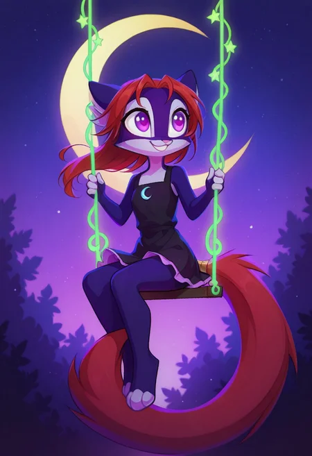 Dreamkeepers,Indi_and_Digo,1girl,solo,furry,tail,source_furry,,red hair,purple fur, purple eyes,
child, kid,
in a pastel gothic dress sitting on a crescent moon swing, surrounded by glowing stars and floating lanterns in a dreamy night sky, crescent_moon, swing, stars, lanterns, smile, happy, cute, long_hair, night_sky, fantasy, magical, pastel_colors, glowing