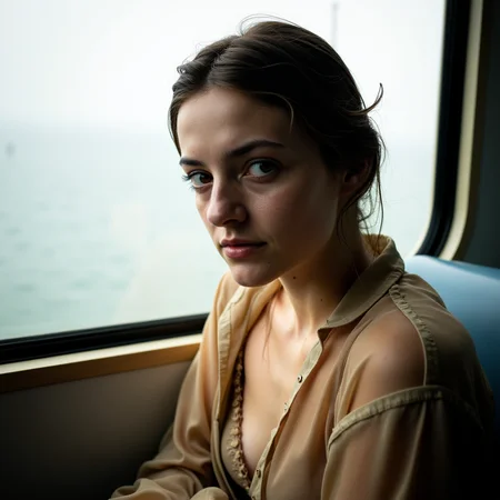 Ultra quality, ultra realistic, ultra detailed skin textures and colors, Inside a small coastal train station in Sicily, a young woman sits near a fogged-up window, wearing a sheer sand-colored silk blouse over a structured beige bralette, the fabric catching the dull light like mist. Her skin glows against the pale glass, with tight focus on her full lips, damp hair stuck to her temple, and the delicate skin under her eyesâsoft purple and golden undertones visible in extreme detail. Shot half-head on a Leica M6 with a Summilux 50mm f/1.4 lens and Cinestill 800T, the lighting comes from a mix of natural overcast daylight and the green cast of a flickering overhead fluorescent, corrected slightly in-camera with a warming gel on the lens filter. A handheld silver bounce adds minimal reflection to her cheekbone, just enough to create form. The portrait feels like a film still: cinematic, moody, and painfully human.
<lora:Detailed Skin&Textures Flux V3:0.5> dsv4