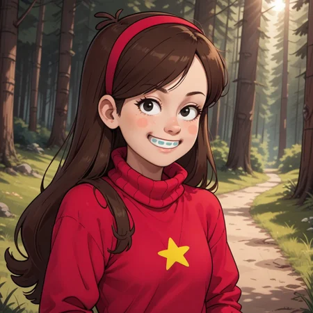 score_9, score_8, BREAK, solo, Mabel_Pines_(Gravity_Falls), 1girl, solo, pink hairband, black eyes, long hair, brown hair, blush stickers, braces, red sweater, turtleneck, long sleeves, skirt, self portrait, smile, looking at viewer, outdoors, sunlight, shadows, evening lighting, natural lighting, forest, trees, grass, orange sky, sunset