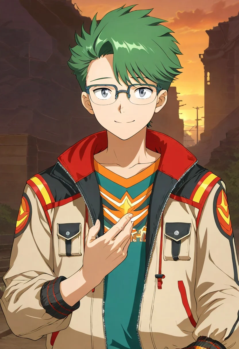 gb4_tao, green hair, short hair, grey eyes, 1boy, solo, male focus, glasses, jacket, anime style, anime draw style, detailed eyes, perfect hands, high quality, best quality, masterpiece, outdoor setting