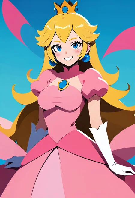 score_9, score_8_up, score_8, (curvy), detailed face, flat color, BREAK, 1girl, solo, long hair, breasts, looking at viewer, blush, smile, bangs, blue eyes, blonde hair, gloves, dress, jewelry, short sleeves, earrings, elbow gloves, puffy sleeves, white gloves, grin, puffy short sleeves, blue background, crown, pink dress, princess peach ,BREAK, <lora:FlatAnimeP1:1>,