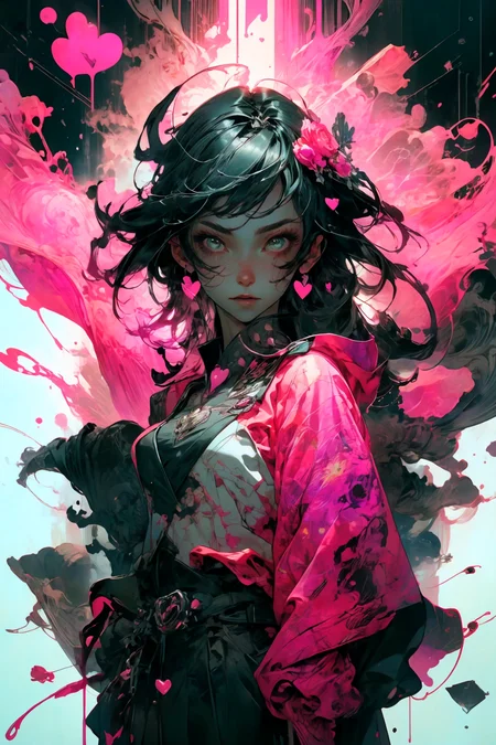 illustration, cartoon, soothing tones, calm colors, (solo:1.1), a digital arf of a undead girl, (pink, heart, love:1.1), wounds, (deathcore:1.2), mistery pink forest, extreme detail, paper texture, 2d, (pascal campion:0.38), vivid colors, (painting art:0.06), [eclectic:clear:0.8], slate atmosphere, cinematic,  muted colors, film grainy, lut
<lora:more_details:0.4>
 <lora:Cosmic anime-oil fusion v2:0.45> 
<lora:AnimeVibesV3:0.3> animevibes, 
<lora:3DMM_V11:0.5> 3DMM 
<lora:midjourney_20230624181825:0.7> midjourney ,
 <lora:LAS:0.5> cloud,colorful,
<lora:msw_locon-t2:0.6>
 <lora:wuxia2:0.6> gu,
 <lora:CyberpunkStyleV1:0.2> PunkAI ,
<lora:CatgirlMaidV1.0-000003:0.35> CatgirlMaid, shiny, shiny hair, shiny skin, shiny clothes
