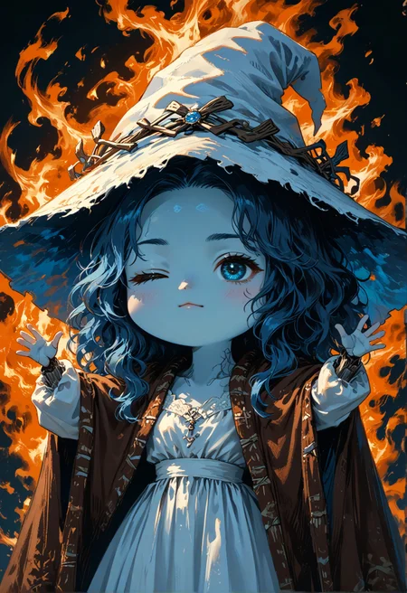 score_9,score_8_up,score_7_up,embedding:zPDXL2, film grain,Cinematic Lighting,colorful, 1girl, arms up, fire, outstretched arms, upper body, ranni-default,ranni the witch,blue eyes,one eye closed,blue hair,wavy hair,4 arms,(multiple faces:1.2),blue skin,colored skin,cracked skin,doll joints,witch hat,white headwear,white dress,long sleeves,fur cloak,brown cloak, chibi, burning,golden tree,<lora:增强\(收藏)\sdxl_lightning_8step_lora.safetensors:1.0:1.0> <lora:增强\(收藏)\Midjourney mimic 2.0.safetensors:0.2:0.2> <lora:(风格)\Photo 2 Style SDXL_LoRA_Pony Diffusion V6 XL.safetensors:0.3:0.3> <lora:增强\(收藏)\Midjourney mimic 1.2.safetensors:0.6:0.6> <lora:(风格)\(收藏)\fiasco_A1.safetensors:0.6:0.6> <lora:(风格)\(收藏)\unholy-000009.safetensors:0.2:0.2> <lora:ElmoRiseMeme_pdxl_Incrs_v1.safetensors:1.0:1.0>