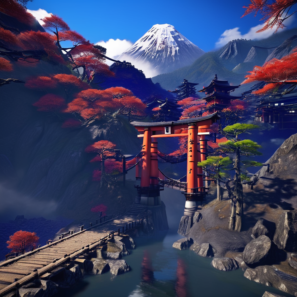 masterpiece,8k,absurd resolution, <lora:farcry_xl:0.81>,
farcry,, scenery, mountain, torii, outdoors, sky, cloud, day, tree, blue sky, landscape, nature, no humans
,reflection, cg rendering, volumetric light,  bioluminescence, unreal engine 5, magic of light,