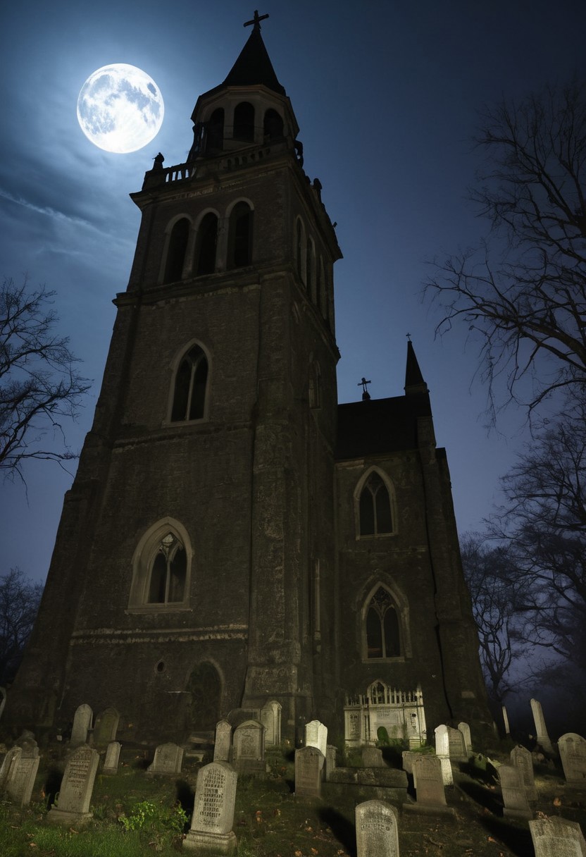 masterpiece, best quality,
digital artwork of creepy old church, 3 kids in Halloween costumes holding flash lights,
japanesehorrorclassics,
full moon, night, cosmic rays, haunted place, abandoned old church, graveyard, giant bell tower, wide shot, old trees, forest background, tombstones, scary, paranoia, feeling like someone is watching you, ruined, dirty, cemetery, fear, dread, 
(low angle:1.3), focus on old tower,
cinematic, horror, creepy atmosphere, intricate, detailed, rays of light,