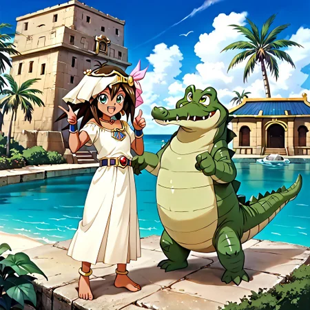 Mana, anime, yu-gi-oh! duel monsters,1girl, best quality, Egyptian, tan skin, green eyes, stone structure, stone building, (happy), (standing), magic, looking at viewer, smug, one eye closed, cute pose, cute face, (thumbs up:0.8), full body, anklet, belt, barefoot,is her little size.
Tick Tock crocodile,male animal focus, crocodile open large mouth ,green skin, blue eyes, Tick Tock the crocodile is giant and very huge size,teeth, Tock the crocodile hug with Mana.
 Palm_trees, egyptian,egypt,nile_river, Disney, anime_manga