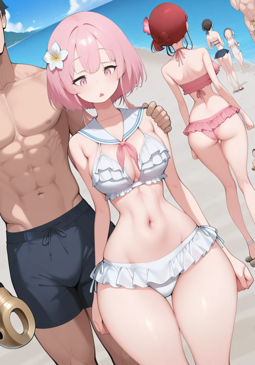 3boys, 3girls, abs, bare legs, beach, bikini, bikini skirt, flower, frilled bikini, frilled bikini top, frills, hair flower, hair ornament, hook hand, microskirt, multiple boys, multiple girls, official alternate costume, official alternate hairstyle, pink bikini, sailor collar, sandals, skirt, swimsuit, thighs, toned, toned female, triangle mouth, water, white bikini, BREAK character_concept, cowboy_shot, (dutch_angle:1.25), masterpiece, best quality, amazing quality, very aesthetic, absurdres, modern, recent, newest, <lora:AomizuanV2_IL_Style_epoch_7:1> 40mizu4nV2