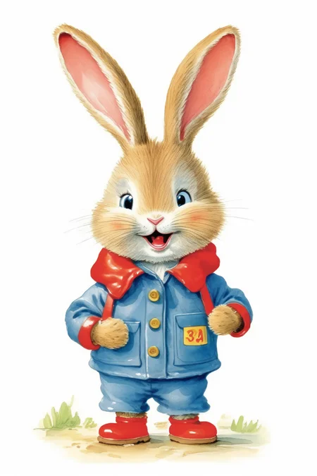 <lora:Richard Scarry Style:1>Richard Scarry Style - A character of a cute 3 year old bunny crying, dressed in a red jacket and blue overall. Immaculate white background. Illustration by Richard Scarry.
