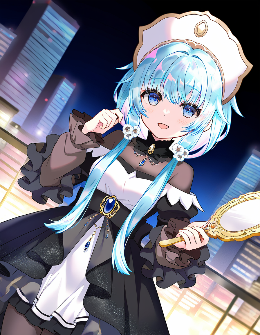 masterpiece, best quality, newest, absurdres, highres, safe, 1girl, sena mikoto, magia record: mahou shoujo madoka magica gaiden, holding mirror, blue hair, black dress, smile, open mouth, solo, city, night, dutch angle, <lora:sena_mikoto_noobaiXLNAIXL_vPred10Version:0.7>