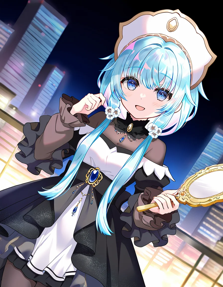 masterpiece, best quality, newest, absurdres, highres, safe, 1girl, sena mikoto, magia record: mahou shoujo madoka magica gaiden, holding mirror, blue hair, black dress, smile, open mouth, solo, city, night, dutch angle, <lora:sena_mikoto_noobaiXLNAIXL_vPred10Version:0.7>