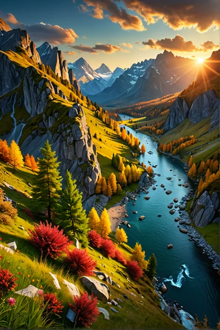 beautiful landscape, nature, 4k, best quality, masterpiece, realistic, incredibly detailed, natural lighting, stunning view, majestic, vibrant colors, vivid, professional photography
